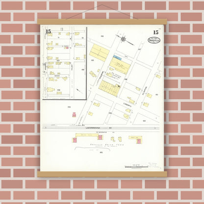 Old map wall art mockup — magnetic wood frame on brick wall — Sanborn Fire Insurance Map from Danville, Montour County, Pennsylvania (1923), Sheet #0015