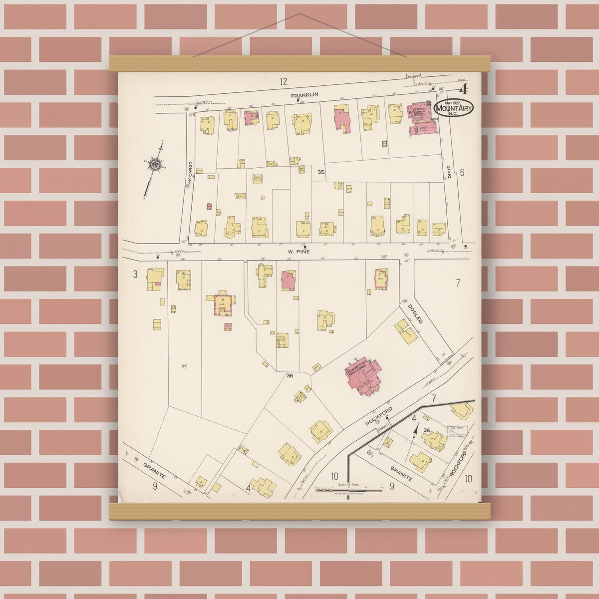 Old map wall art mockup — magnetic wood frame on brick wall — Sanborn Fire Insurance Map from Mount Airy, Surry County, North Carolina (1922), Sheet #0004