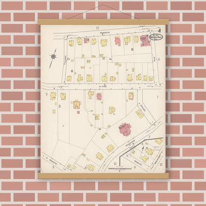 Old map wall art mockup — magnetic wood frame on brick wall — Sanborn Fire Insurance Map from Mount Airy, Surry County, North Carolina (1922), Sheet #0004