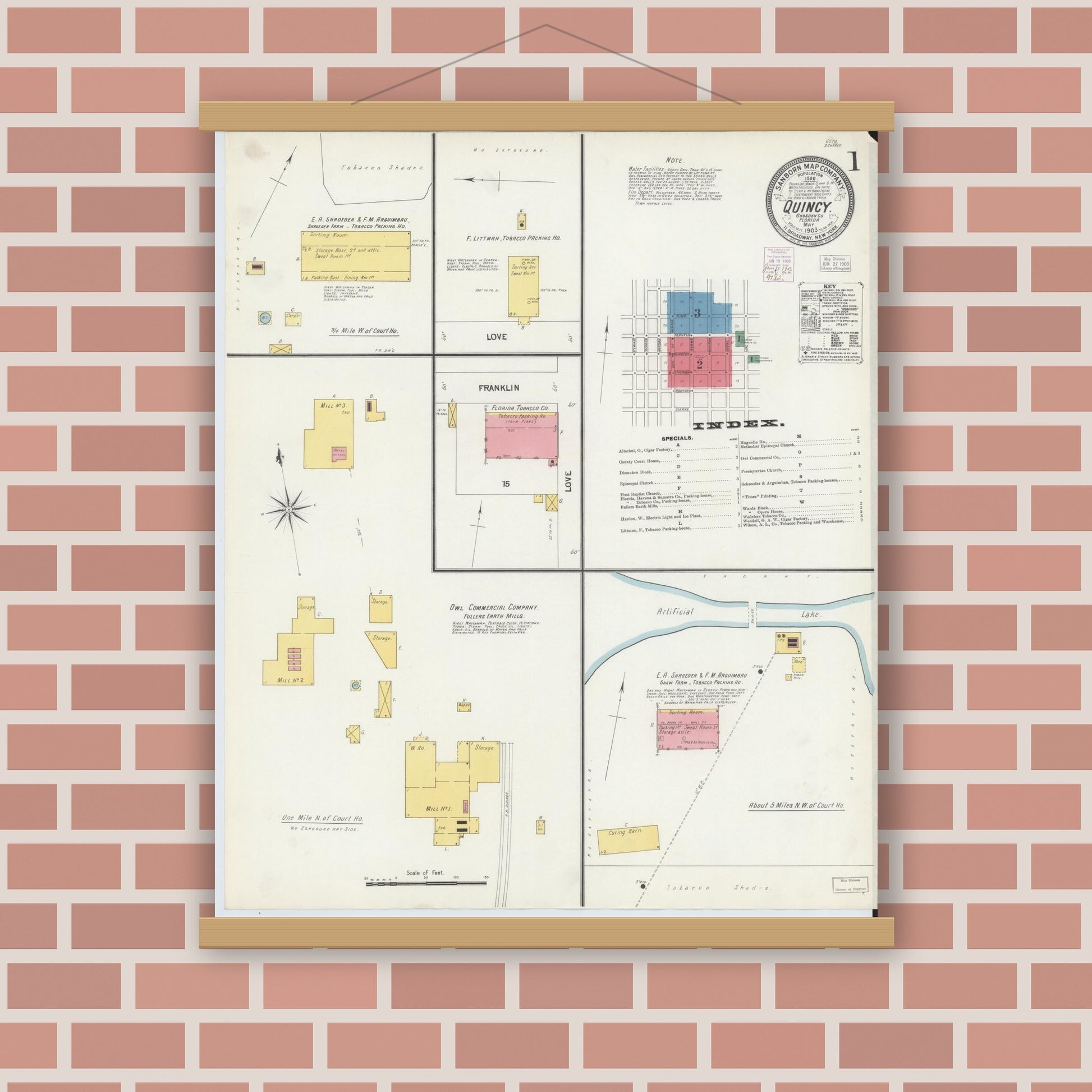 Old map wall art mockup — magnetic wood frame on brick wall — Sanborn Fire Insurance Map from Quincy, Gadsden County, Florida (1903) - Complete Map Set