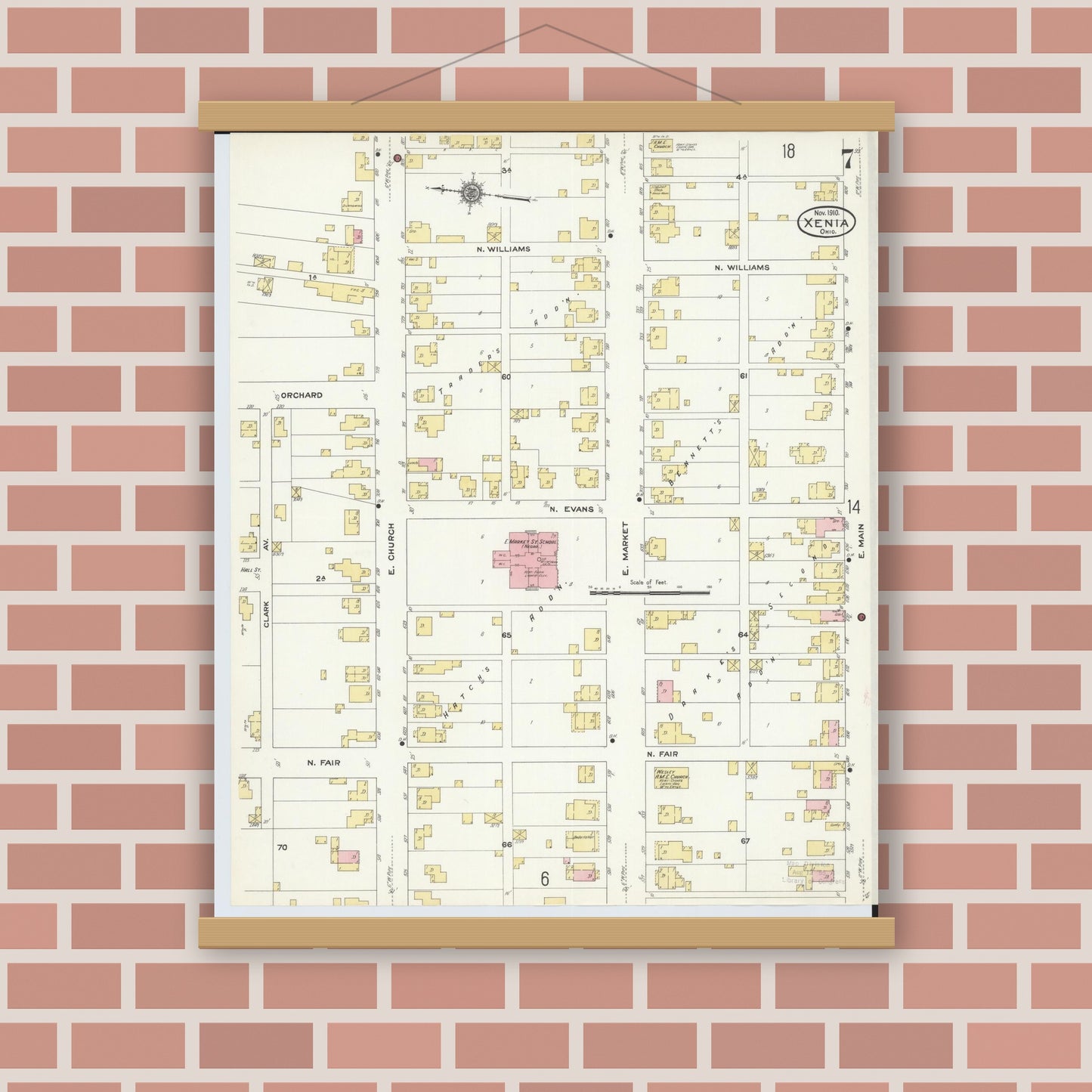 Old map wall art mockup — magnetic wood frame on brick wall — Sanborn Fire Insurance Map from Xenia, Greene County, Ohio (1910), Sheet #0007