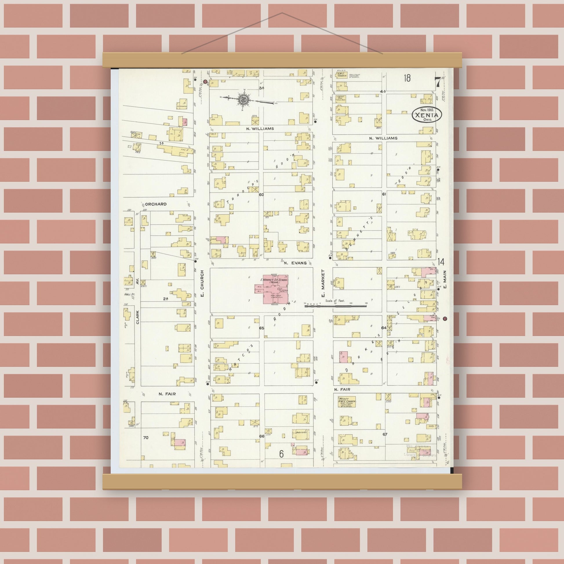 Old map wall art mockup — magnetic wood frame on brick wall — Sanborn Fire Insurance Map from Xenia, Greene County, Ohio (1910), Sheet #0007