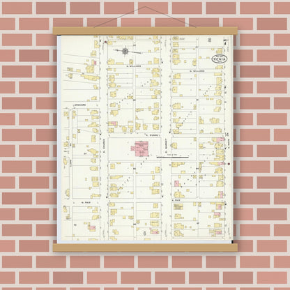 Old map wall art mockup — magnetic wood frame on brick wall — Sanborn Fire Insurance Map from Xenia, Greene County, Ohio (1910), Sheet #0007