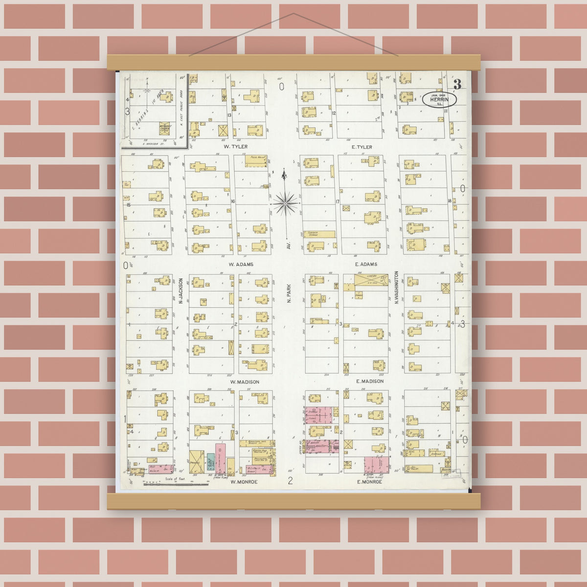 Old map wall art mockup — magnetic wood frame on brick wall — Sanborn Fire Insurance Map from Herrin, Williamson County, Illinois (1905), Sheet #0003