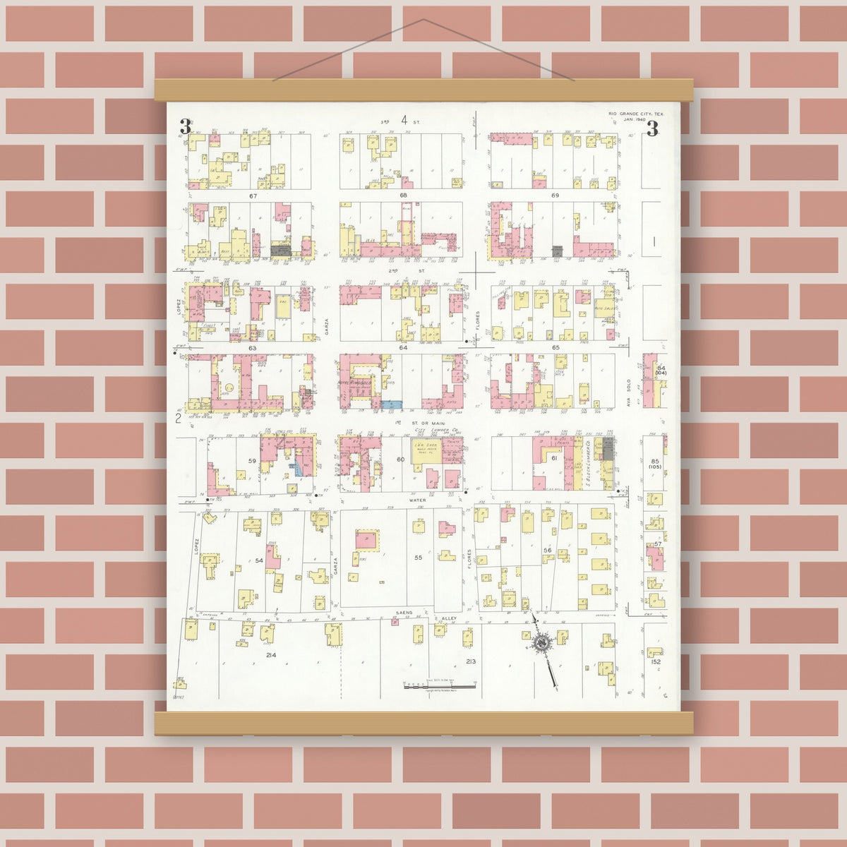 Old map wall art mockup — magnetic wood frame on brick wall — Sanborn Fire Insurance Map from Rio Grande City, Starr County, Texas (1940), Sheet #0003