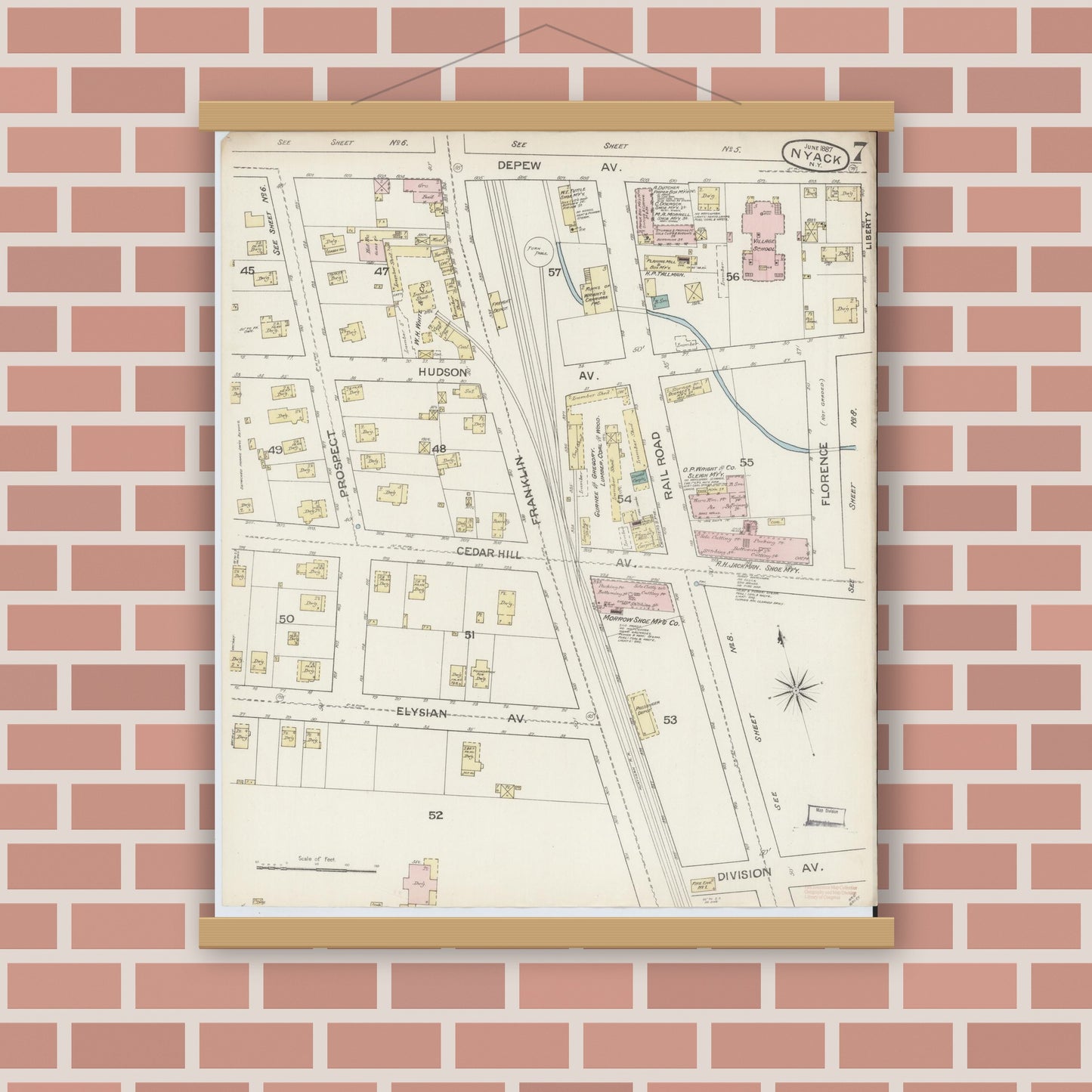 Old map wall art mockup — magnetic wood frame on brick wall — Sanborn Fire Insurance Map from Nyack, Rockland County, New York. (1887), Sheet #0007