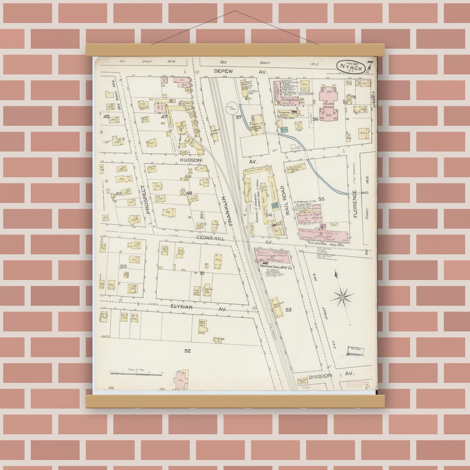 Old map wall art mockup — magnetic wood frame on brick wall — Sanborn Fire Insurance Map from Nyack, Rockland County, New York. (1887), Sheet #0007