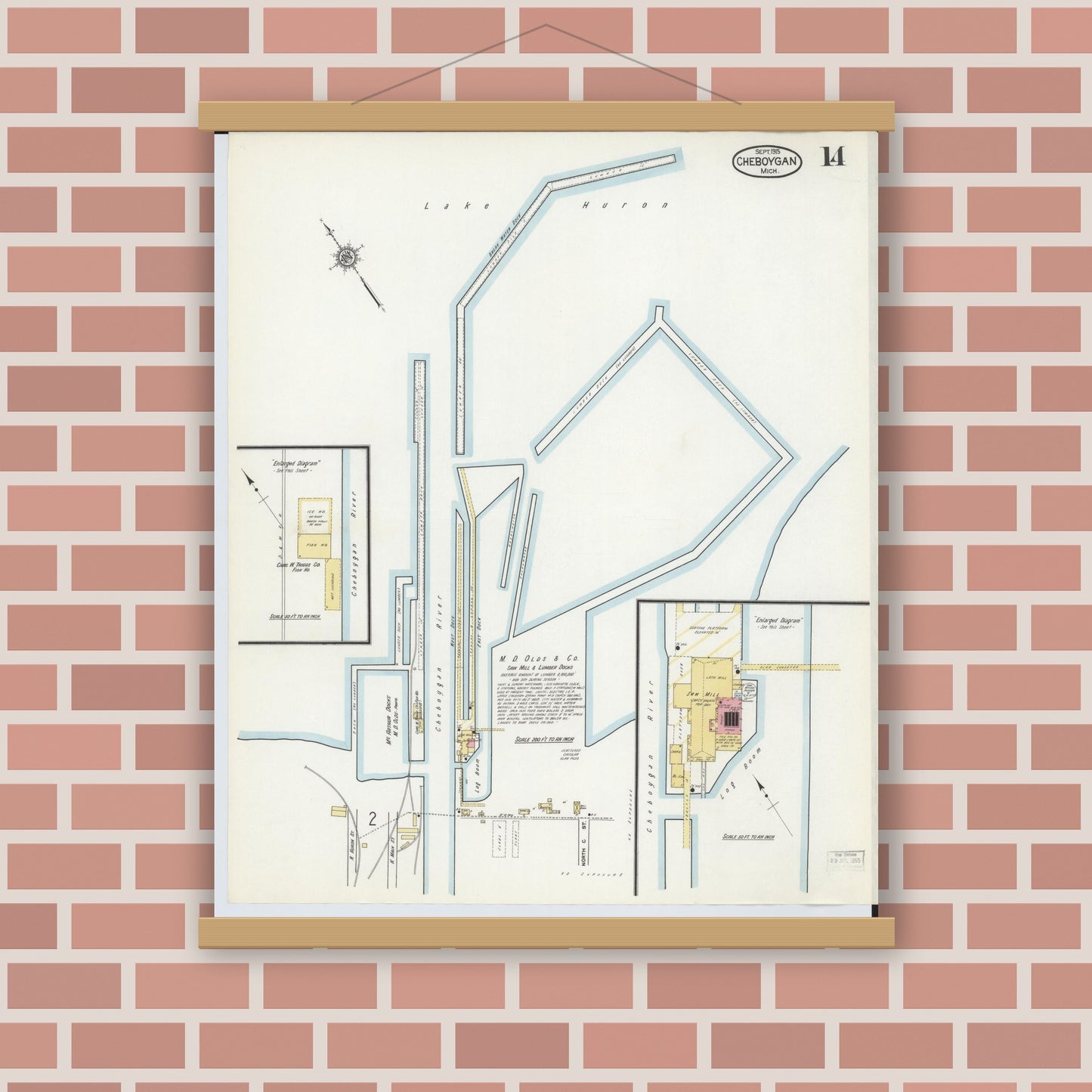 Old map wall art mockup — magnetic wood frame on brick wall — Sanborn Fire Insurance Map from Cheboygan, Cheboygan County, Michigan (1915), Sheet #0014