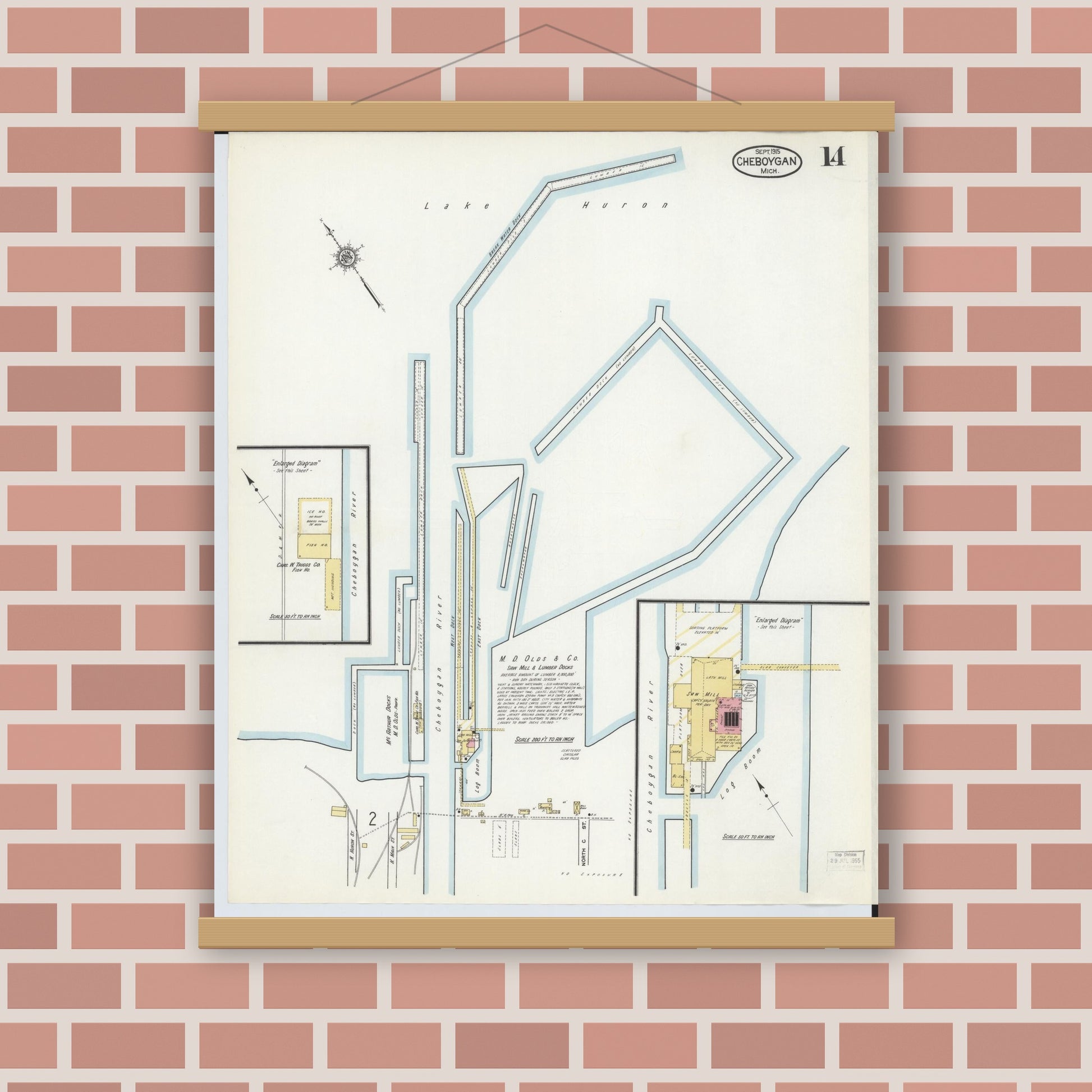 Old map wall art mockup — magnetic wood frame on brick wall — Sanborn Fire Insurance Map from Cheboygan, Cheboygan County, Michigan (1915), Sheet #0014