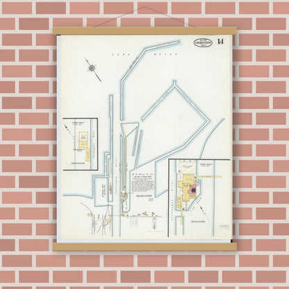 Old map wall art mockup — magnetic wood frame on brick wall — Sanborn Fire Insurance Map from Cheboygan, Cheboygan County, Michigan (1915), Sheet #0014
