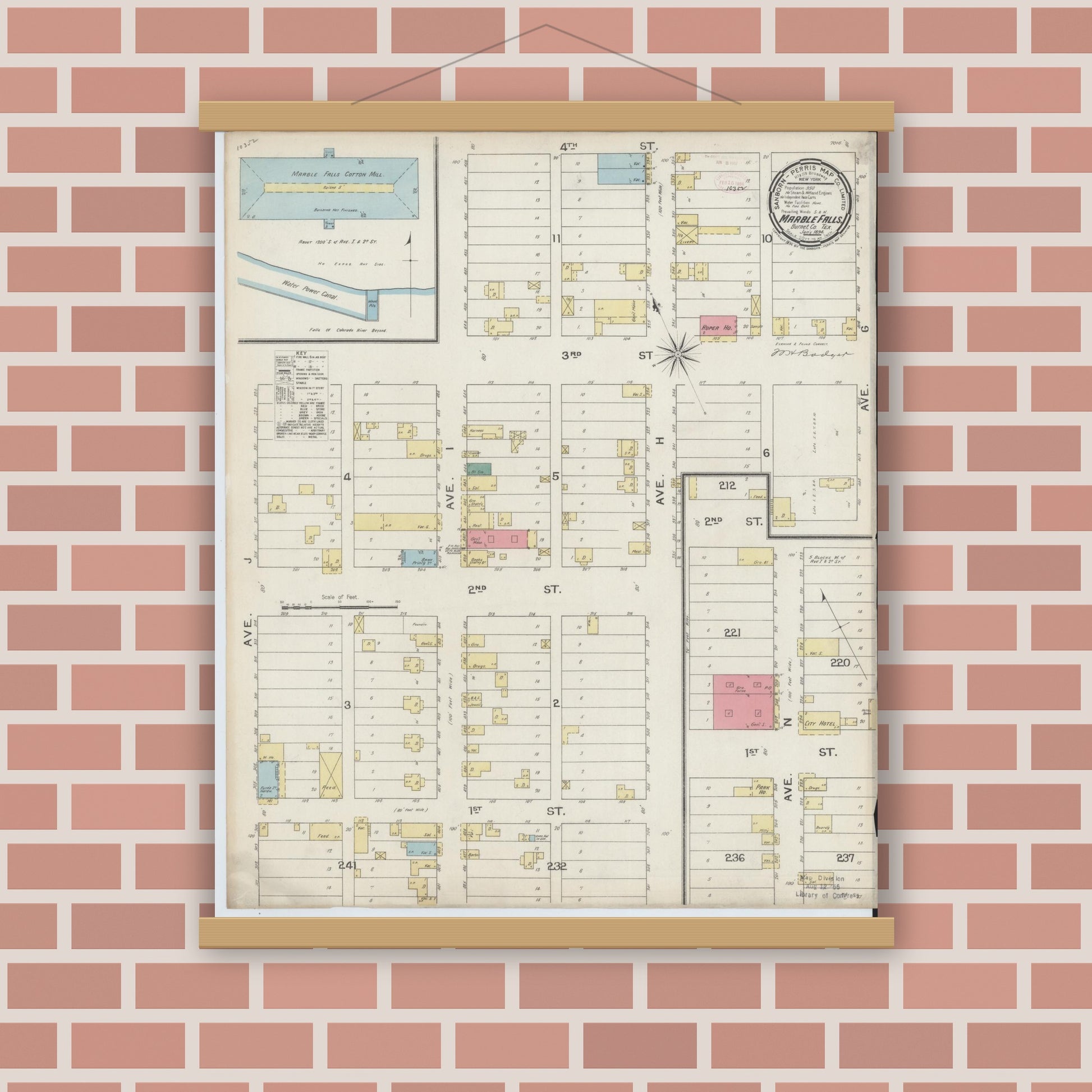 Old map wall art mockup — magnetic wood frame on brick wall — Sanborn Fire Insurance Map from Marble Falls, Burnet County, Texas (1894), Sheet #0001