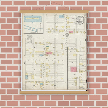 Old map wall art mockup — magnetic wood frame on brick wall — Sanborn Fire Insurance Map from Marble Falls, Burnet County, Texas (1894), Sheet #0001