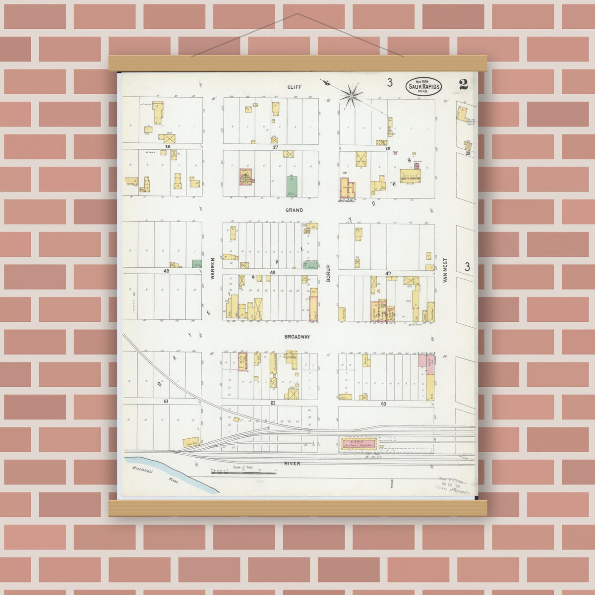 Old map wall art mockup — magnetic wood frame on brick wall — Sanborn Fire Insurance Map from Sauk Rapids, Benton County, Minnesota (1899), Sheet #0002