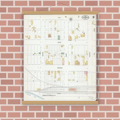 Old map wall art mockup — magnetic wood frame on brick wall — Sanborn Fire Insurance Map from Sauk Rapids, Benton County, Minnesota (1899), Sheet #0002