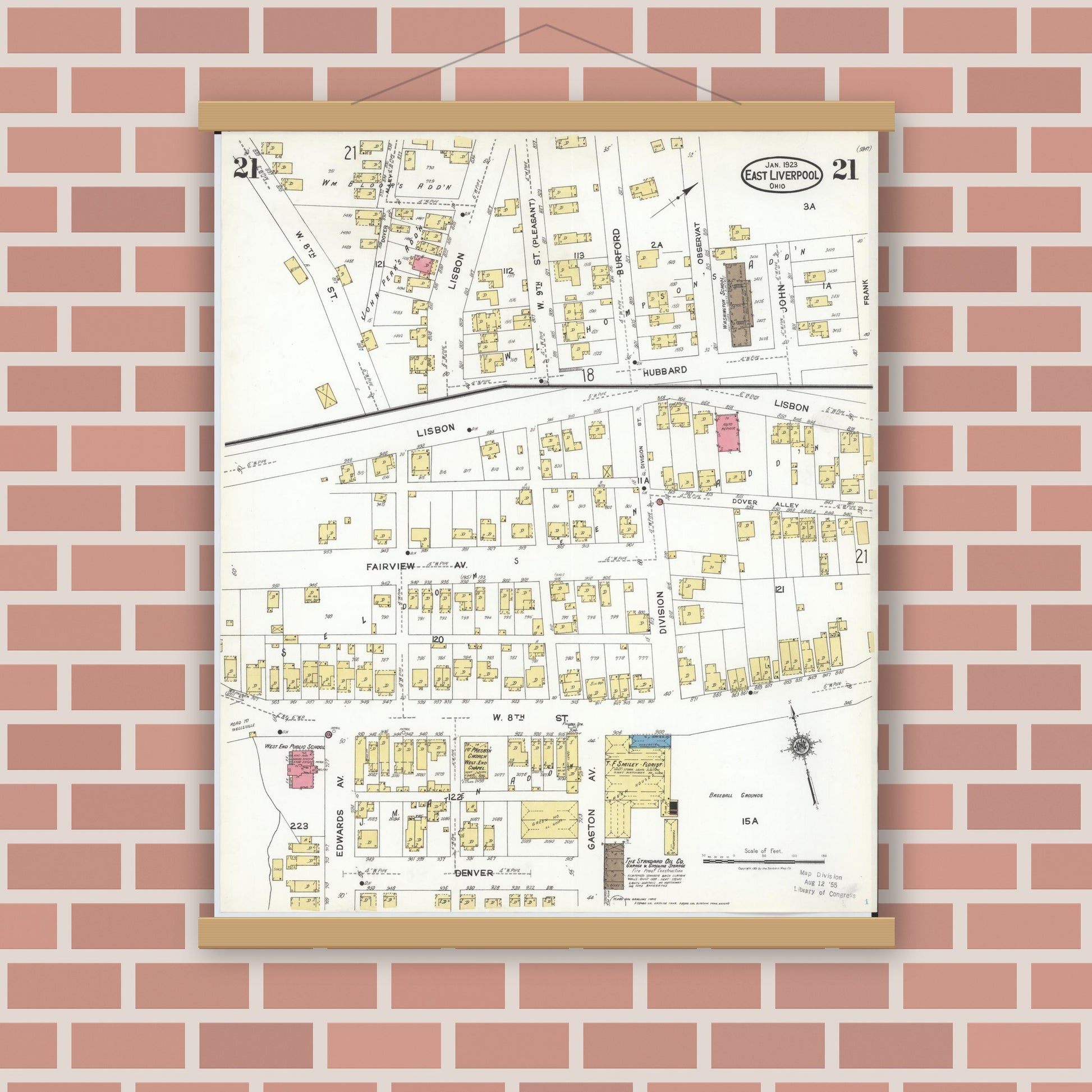 Old map wall art mockup — magnetic wood frame on brick wall — Sanborn Fire Insurance Map from East Liverpool, Columbiana County, Ohio (1923), Sheet #0021