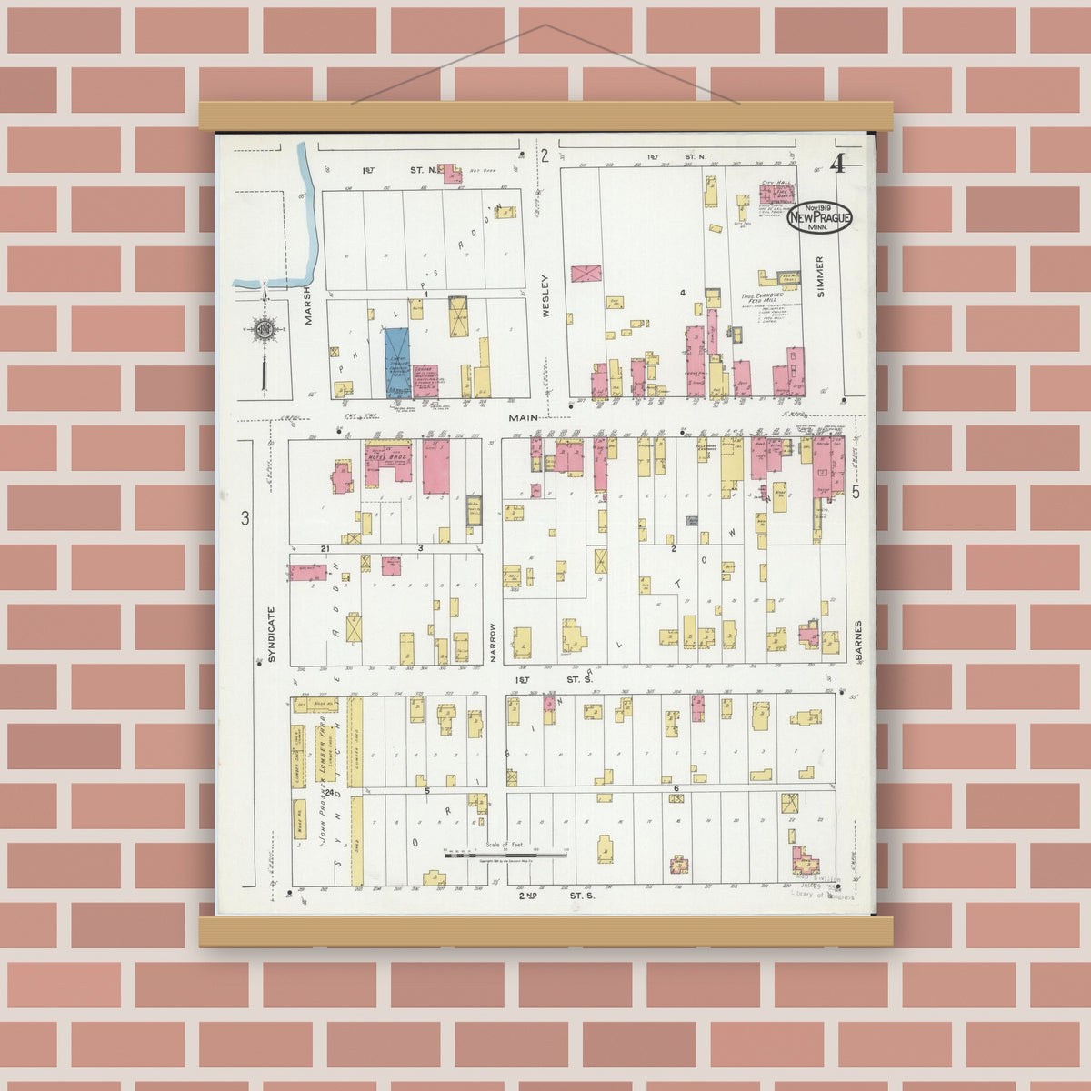 Old map wall art mockup — magnetic wood frame on brick wall — Sanborn Fire Insurance Map from New Prague, Scott And Le Sueur, Minnesota (1919), Sheet #0004