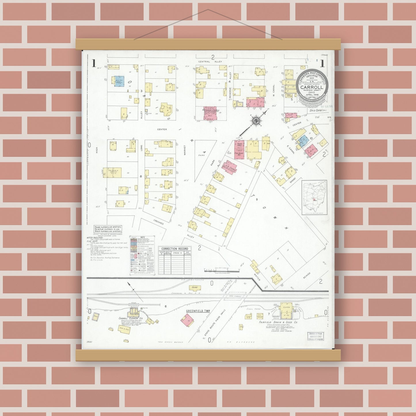 Old map wall art mockup — magnetic wood frame on brick wall — Sanborn Fire Insurance Map from Carroll, Fairfield County, Ohio (1946), Sheet #0001