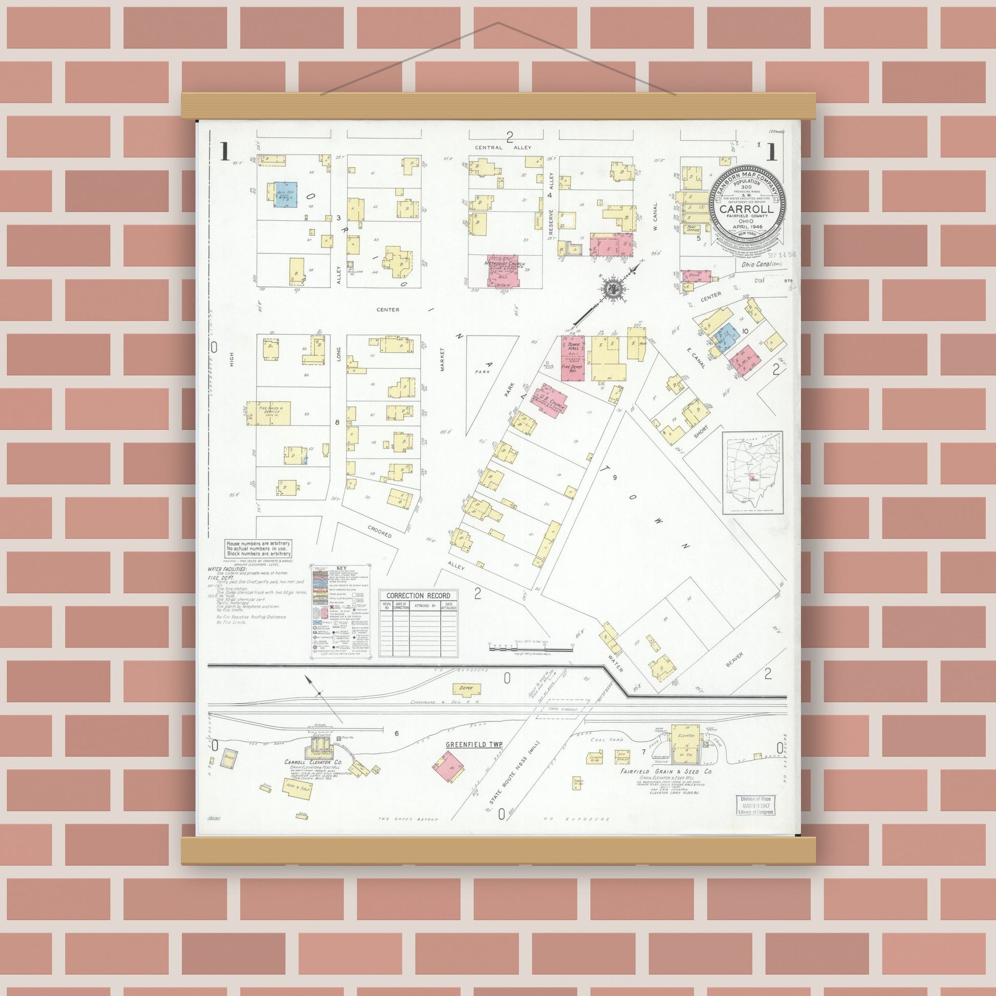 Old map wall art mockup — magnetic wood frame on brick wall — Sanborn Fire Insurance Map from Carroll, Fairfield County, Ohio (1946), Sheet #0001