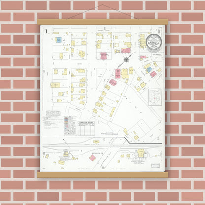 Old map wall art mockup — magnetic wood frame on brick wall — Sanborn Fire Insurance Map from Carroll, Fairfield County, Ohio (1946), Sheet #0001