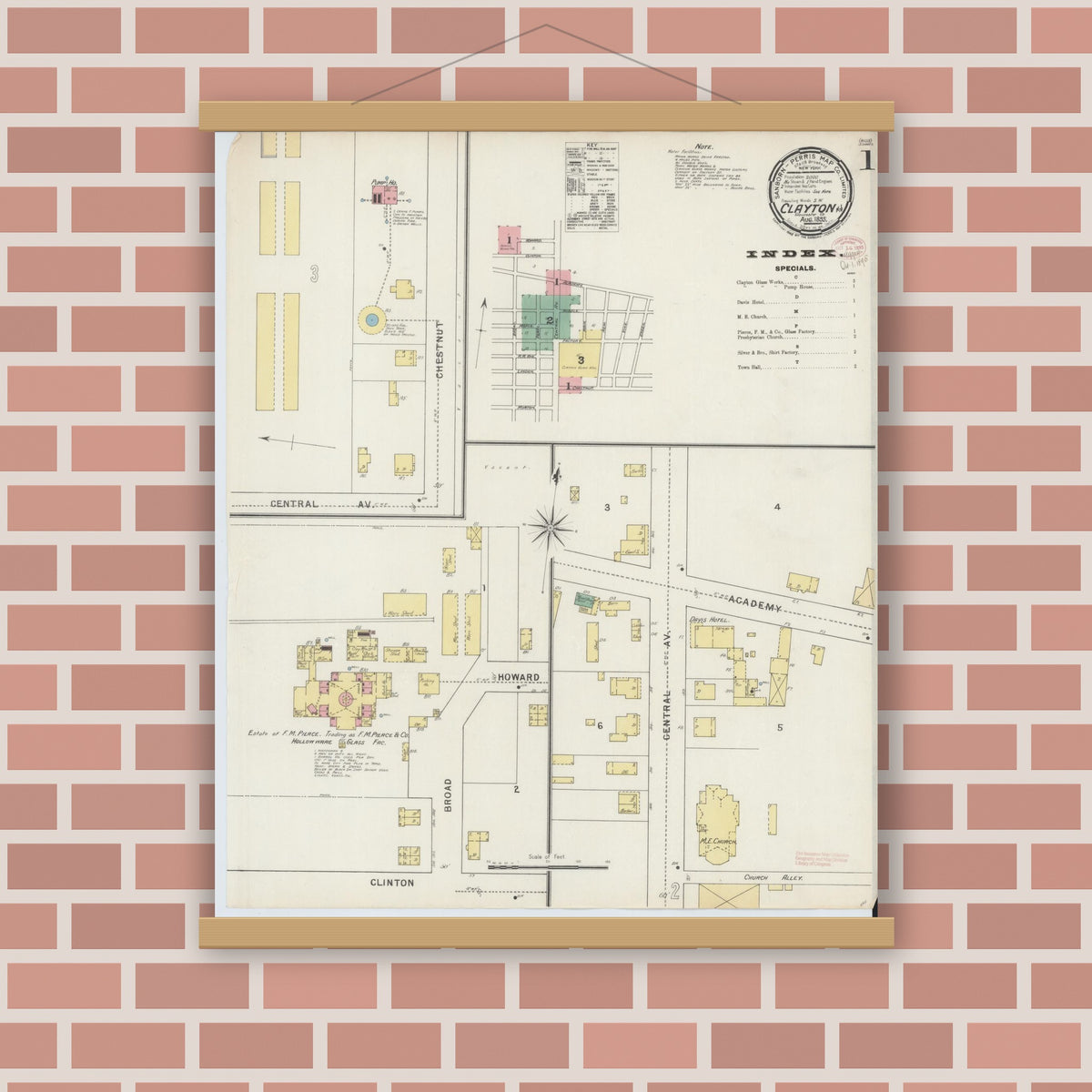 Old map wall art mockup — magnetic wood frame on brick wall — Sanborn Fire Insurance Map from Clayton, Gloucester County, New Jersey (1895) - Complete Map Set