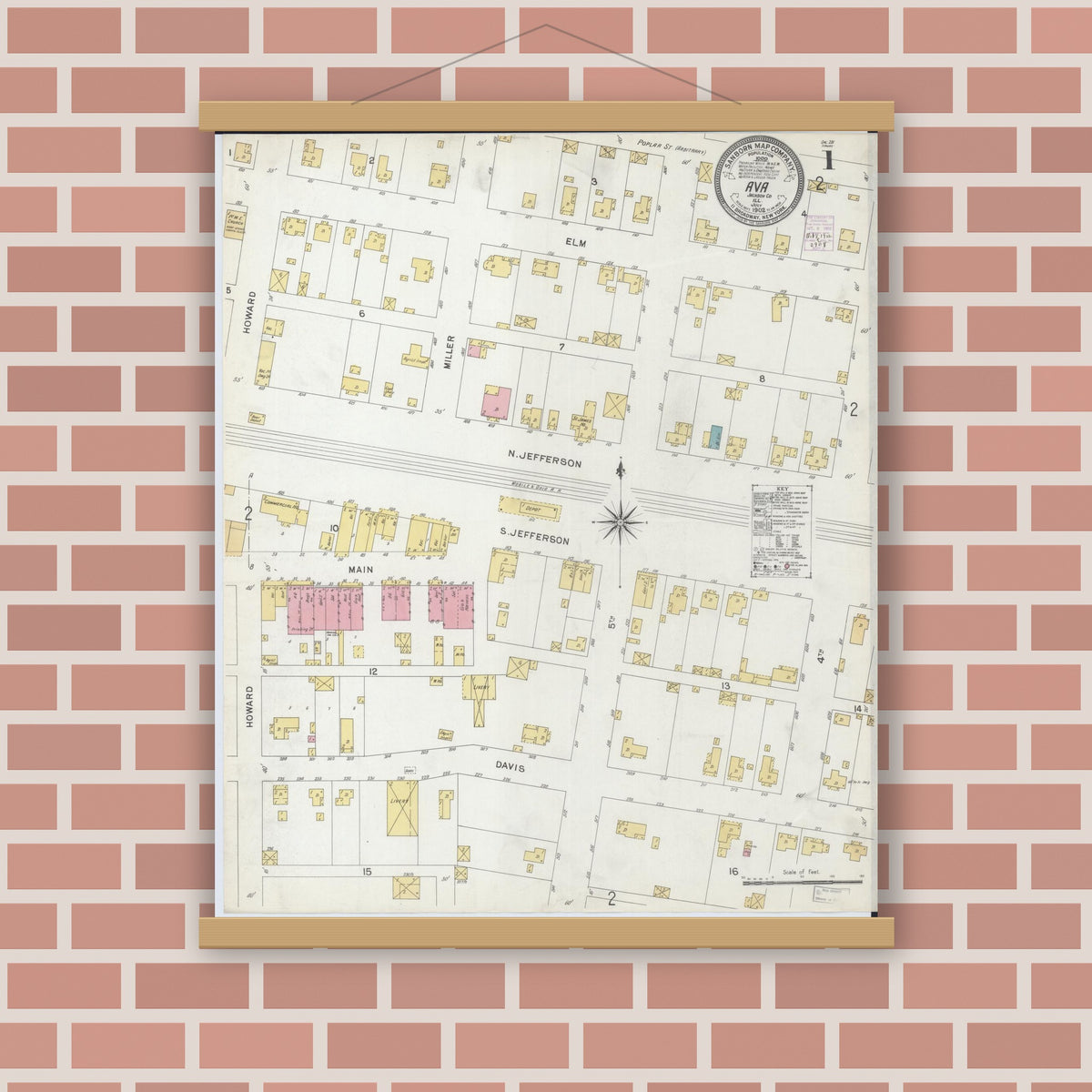 Old map wall art mockup — magnetic wood frame on brick wall — Sanborn Fire Insurance Map from Ava, Jackson County, Illinois (1902), Sheet #0001
