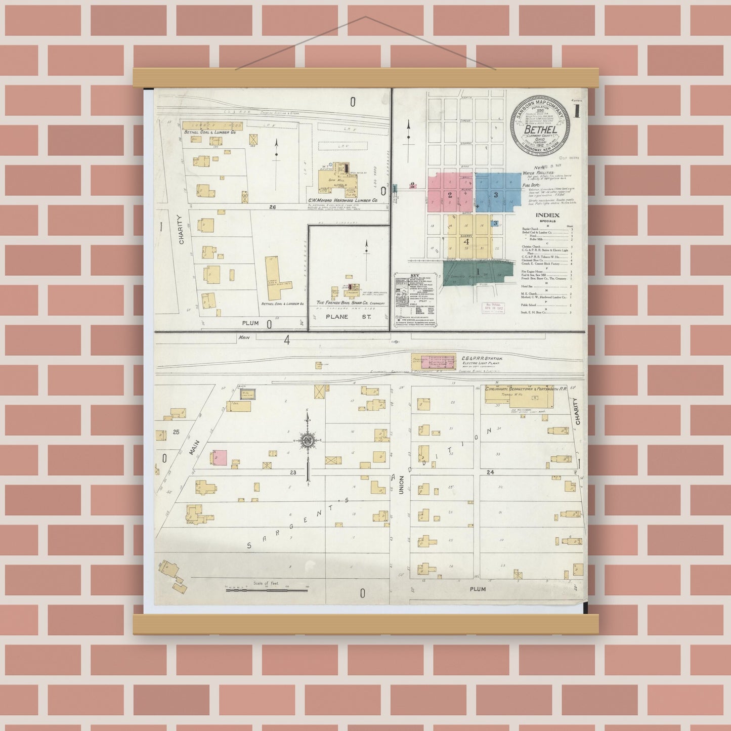 Old map wall art mockup — magnetic wood frame on brick wall — Sanborn Fire Insurance Map from Bethel, Clermont County, Ohio (1912) - Complete Map Set