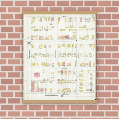 Old map wall art mockup — magnetic wood frame on brick wall — Sanborn Fire Insurance Map from Lock Haven, Clinton County, Pennsylvania (1901), Sheet #0002