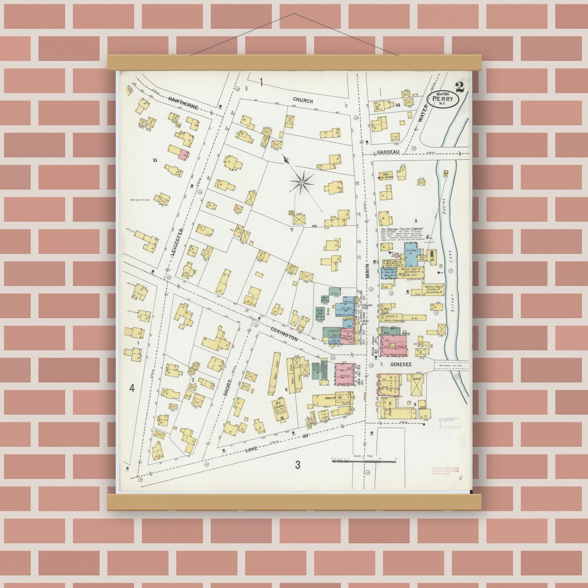 Old map wall art mockup — magnetic wood frame on brick wall — Sanborn Fire Insurance Map from Perry, Wyoming County, New York (1900), Sheet #0002