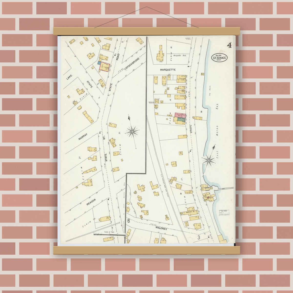 Old map wall art mockup — magnetic wood frame on brick wall — Sanborn Fire Insurance Map from Saint Ignace, Mackinac County, Michigan (1901), Sheet #0004