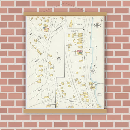 Old map wall art mockup — magnetic wood frame on brick wall — Sanborn Fire Insurance Map from Saint Ignace, Mackinac County, Michigan (1901), Sheet #0004