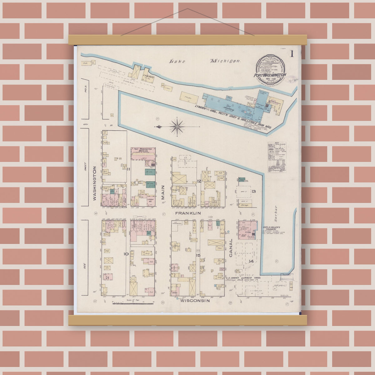 Old map wall art mockup — magnetic wood frame on brick wall — Sanborn Fire Insurance Map from Port Washington, Ozaukee County, Wisconsin (1885), Sheet #0001