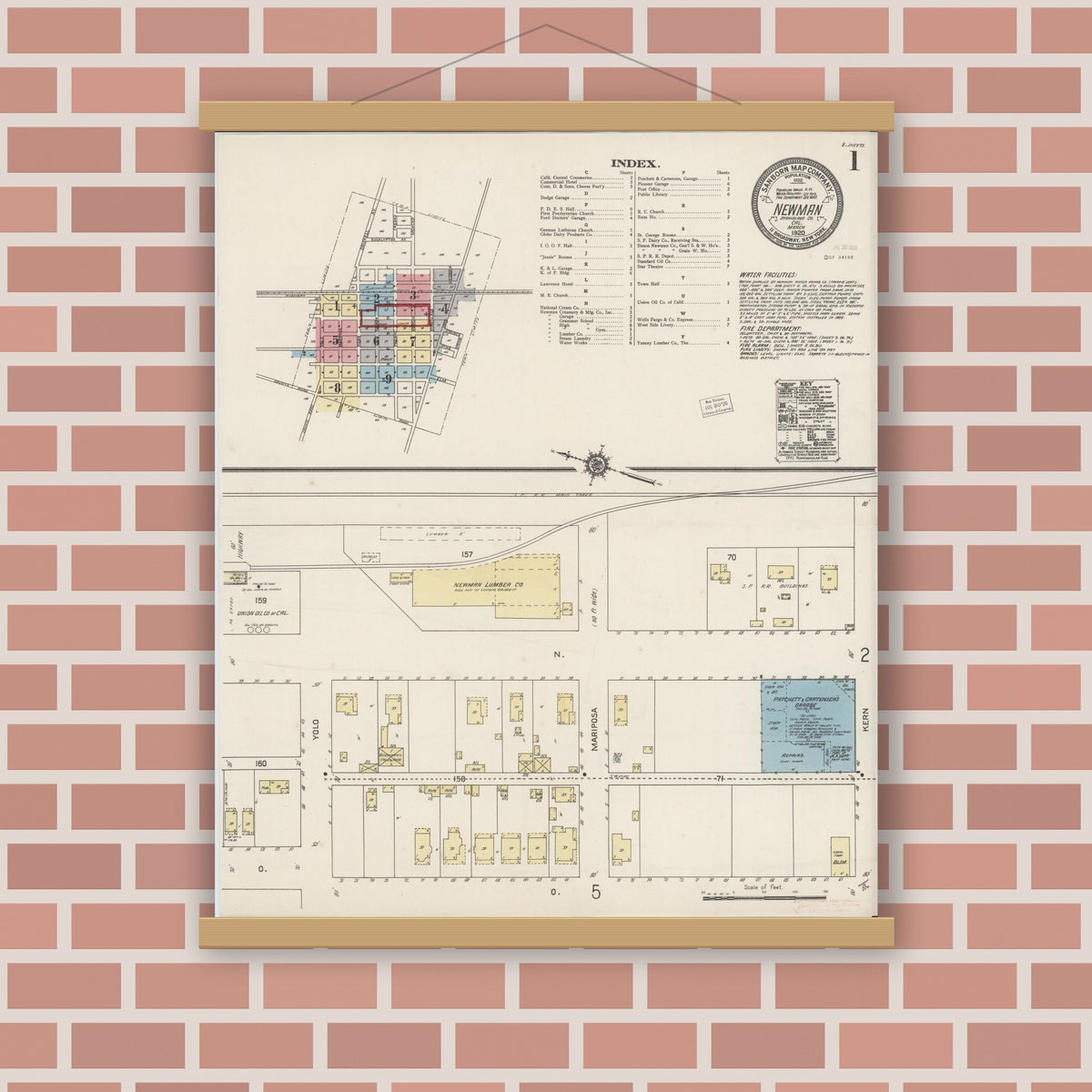 Old map wall art mockup — magnetic wood frame on brick wall — Sanborn Fire Insurance Map from Newman, Stanislaus County, California (1920) - Complete Map Set