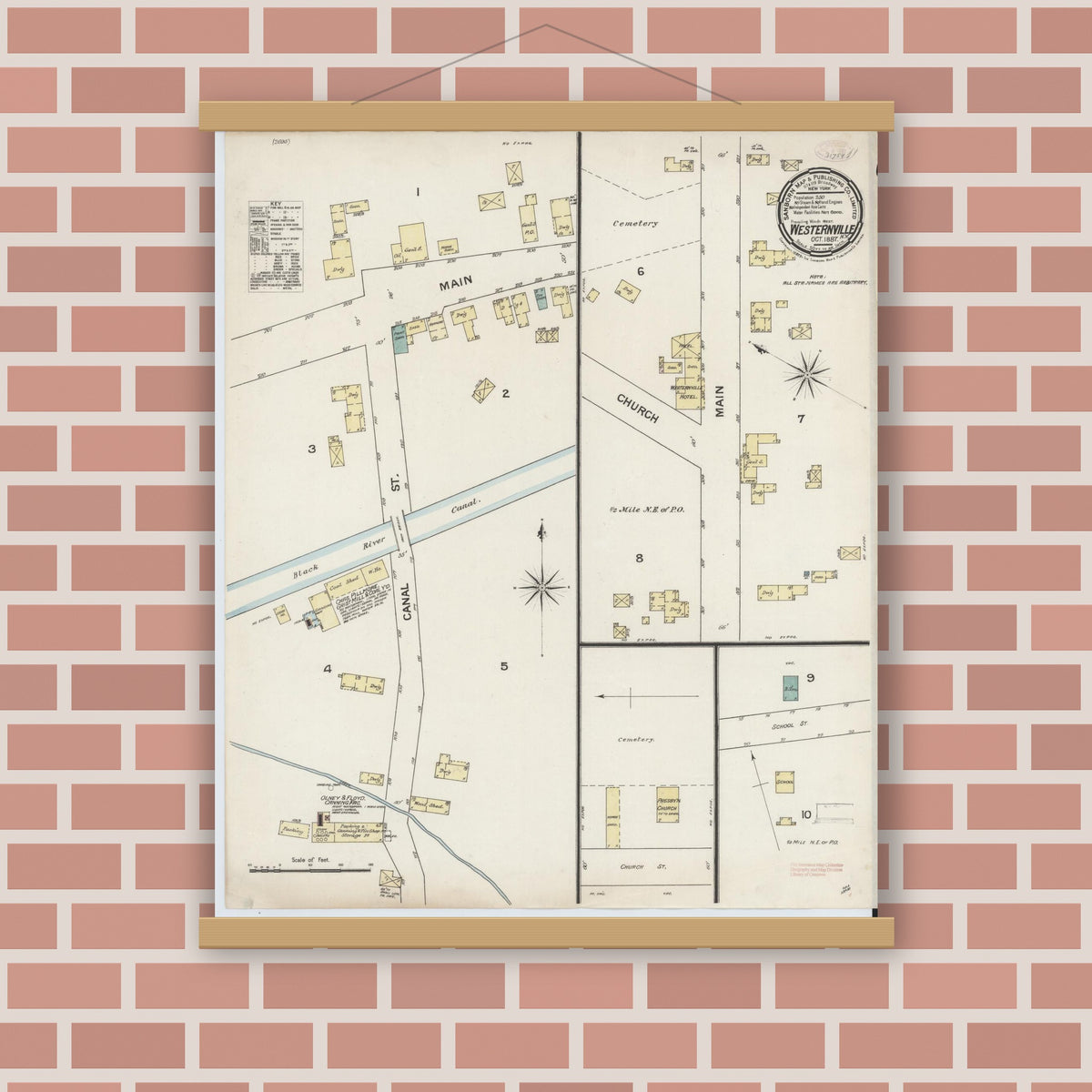 Old map wall art mockup — magnetic wood frame on brick wall — Sanborn Fire Insurance Map from Westernville, Oneida County, New York (1887), Sheet #0001