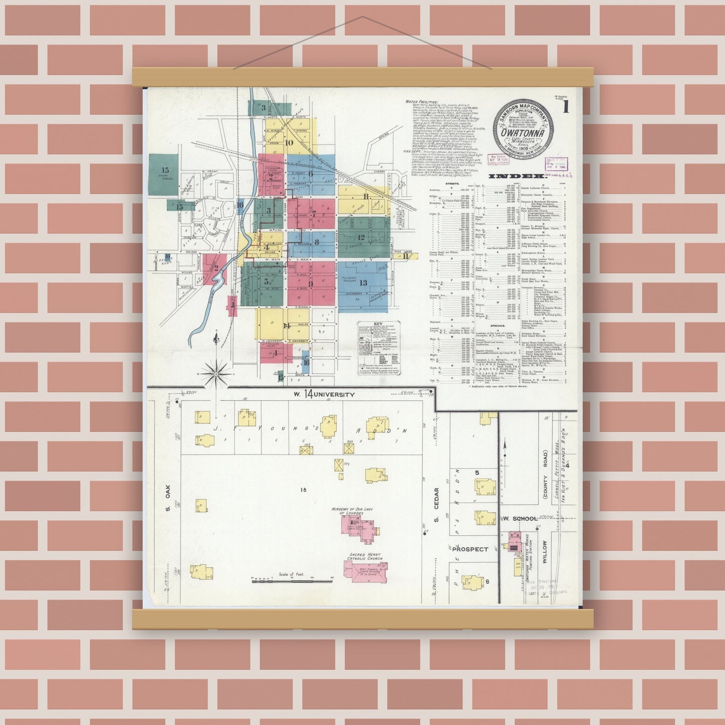 Old map wall art mockup — magnetic wood frame on brick wall — Sanborn Fire Insurance Map from Owatonna, Steele County, Minnesota (1909) - Complete Map Set
