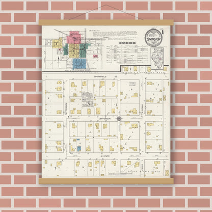 Old map wall art mockup — magnetic wood frame on brick wall — Sanborn Fire Insurance Map from Lovington, Moultrie County, Illinois (1922) - Complete Map Set