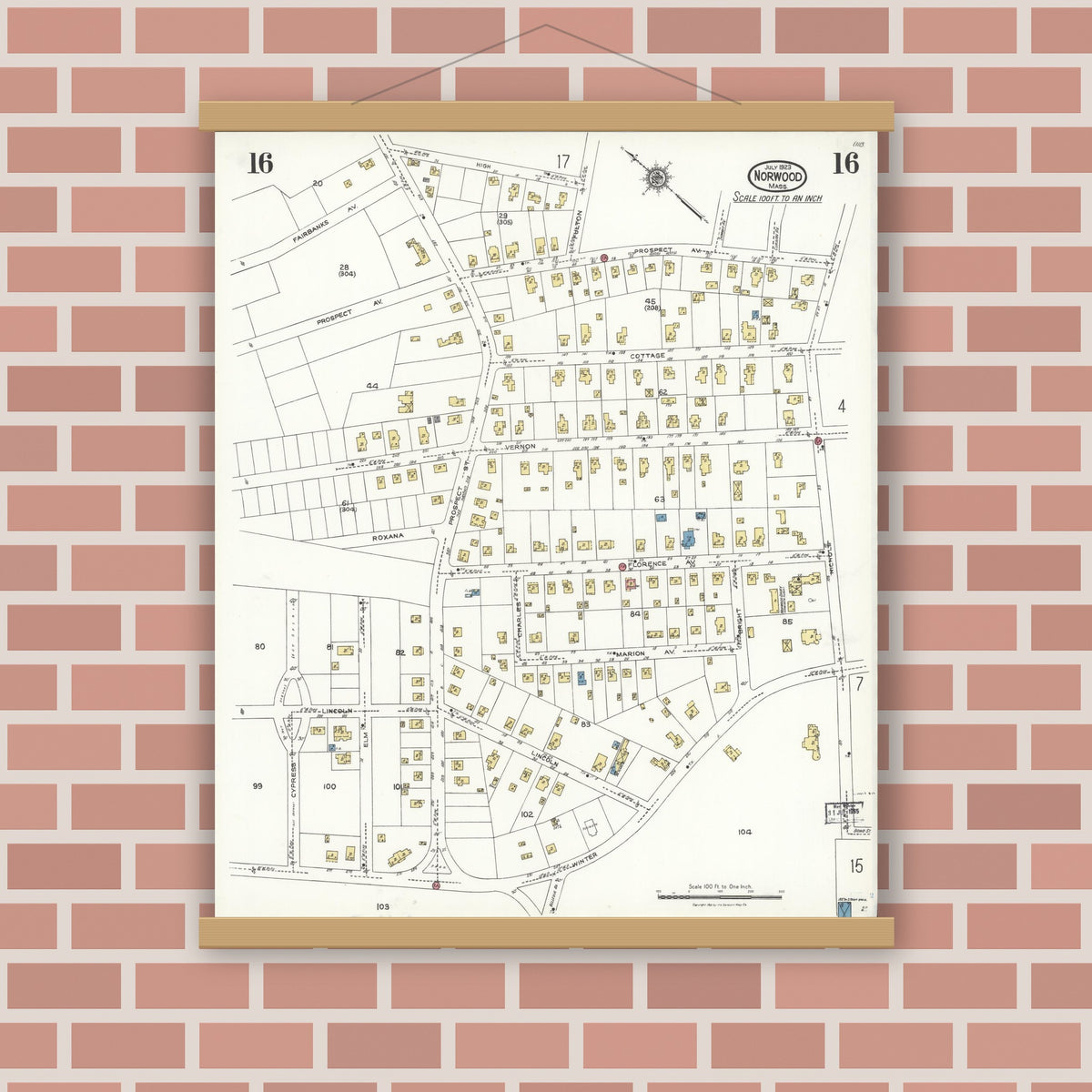 Old map wall art mockup — magnetic wood frame on brick wall — Sanborn Fire Insurance Map from Norwood, Norfolk County, Massachusetts (1923), Sheet #0016