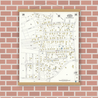 Old map wall art mockup — magnetic wood frame on brick wall — Sanborn Fire Insurance Map from Norwood, Norfolk County, Massachusetts (1923), Sheet #0016