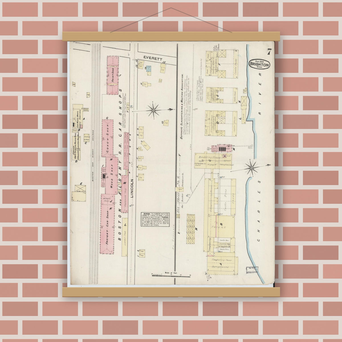 Old map wall art mockup — magnetic wood frame on brick wall — Sanborn Fire Insurance Map from Brighton, Suffolk County, Massachusetts (1884), Sheet #0007