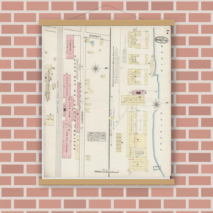 Old map wall art mockup — magnetic wood frame on brick wall — Sanborn Fire Insurance Map from Brighton, Suffolk County, Massachusetts (1884), Sheet #0007