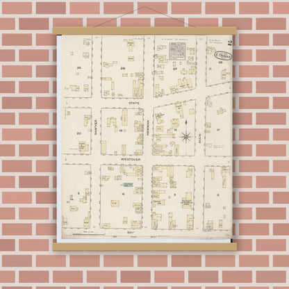 Old map wall art mockup — magnetic wood frame on brick wall — Sanborn Fire Insurance Map from East Tawas, Iosco County, Michigan (1884), Sheet #0002