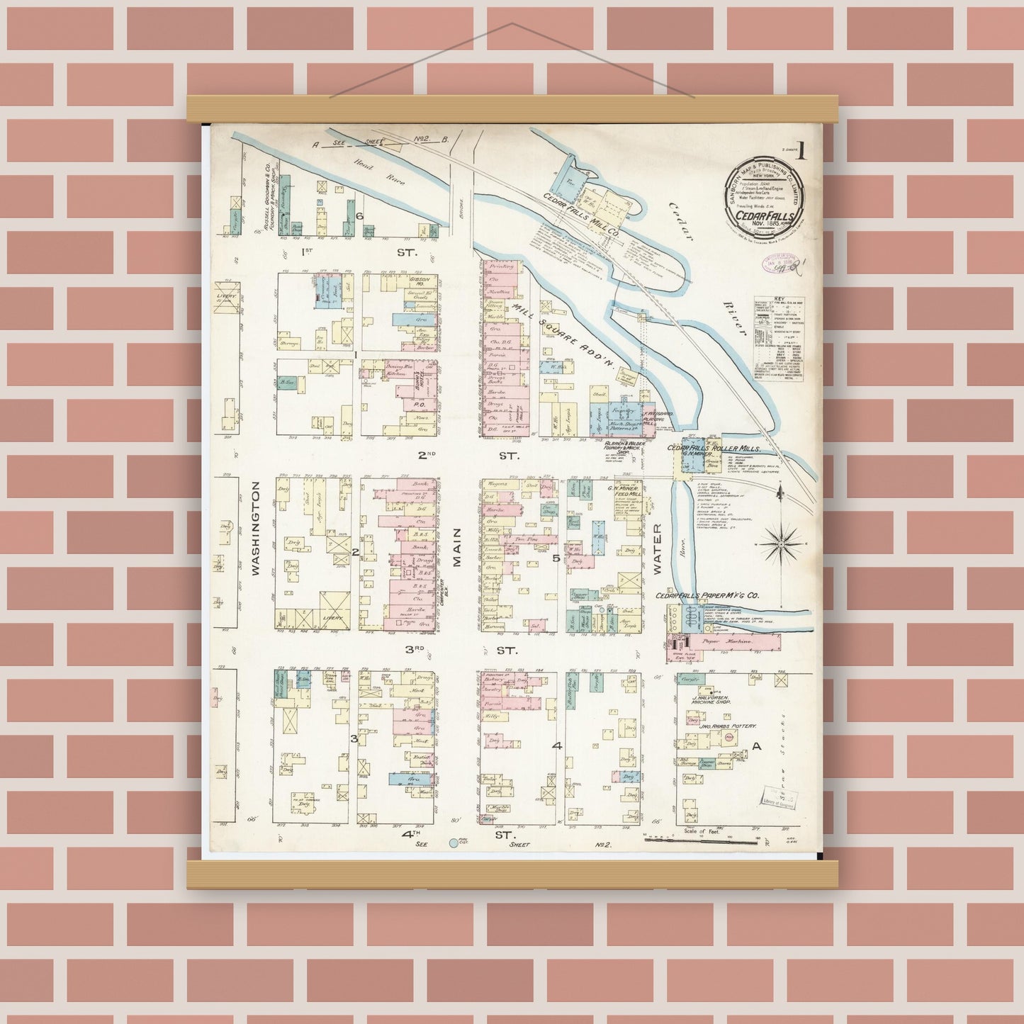 Old map wall art mockup — magnetic wood frame on brick wall — Sanborn Fire Insurance Map from Cedar Falls, Black Hawk County, Iowa (1885) â€” Complete Set
