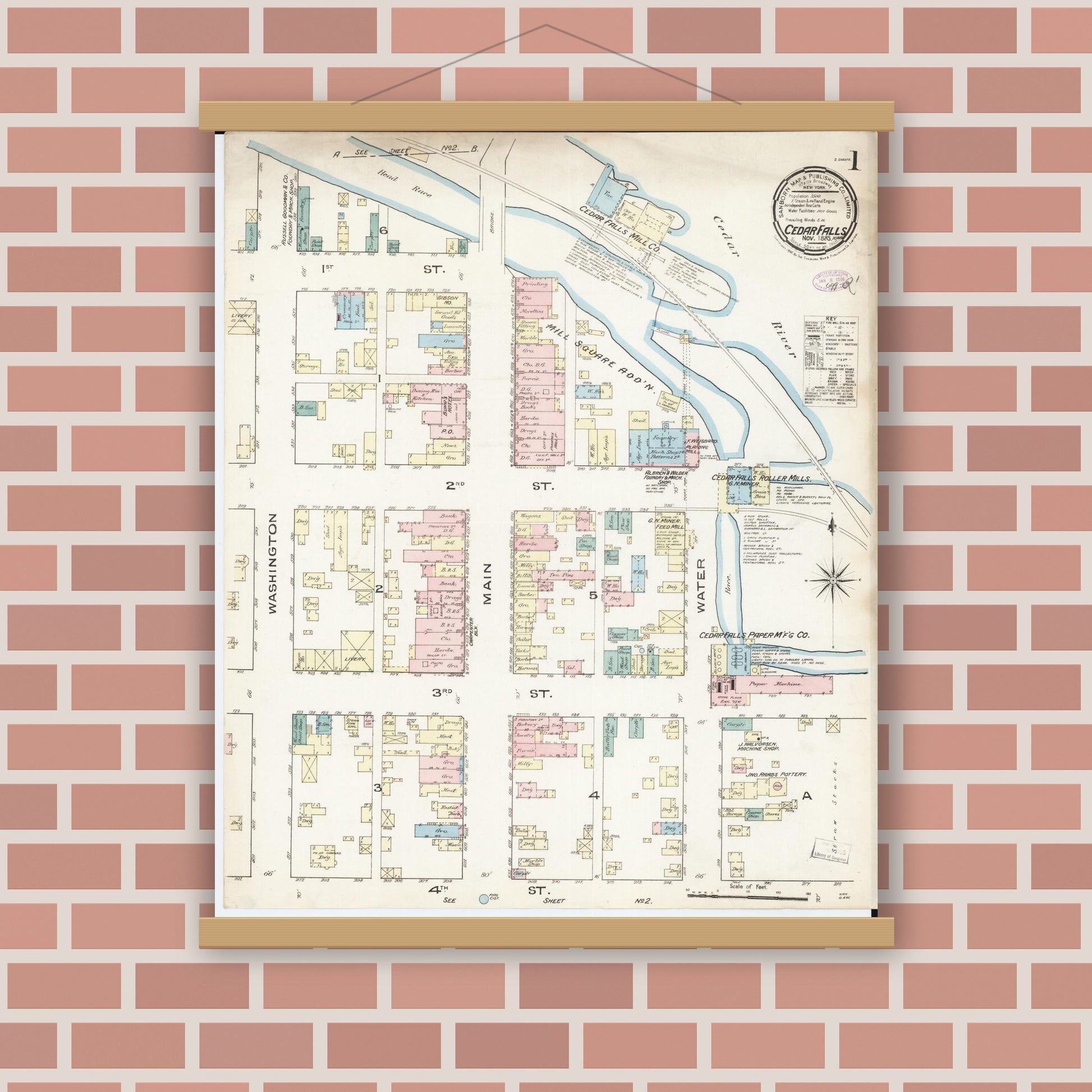 Old map wall art mockup — magnetic wood frame on brick wall — Sanborn Fire Insurance Map from Cedar Falls, Black Hawk County, Iowa (1885) â€” Complete Set