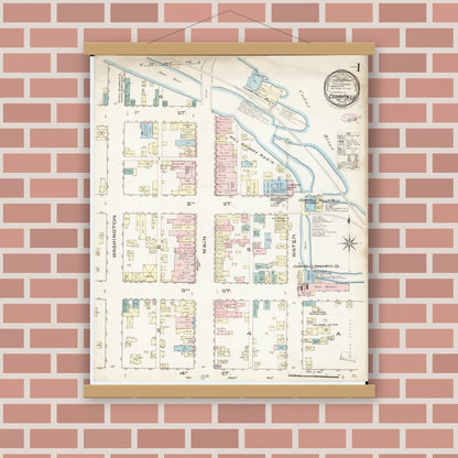Old map wall art mockup — magnetic wood frame on brick wall — Sanborn Fire Insurance Map from Cedar Falls, Black Hawk County, Iowa (1885) â€” Complete Set