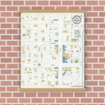 Old map wall art mockup — magnetic wood frame on brick wall — Sanborn Fire Insurance Map from Rockton, Winnebago County, Illinois (1904) - Complete Map Set