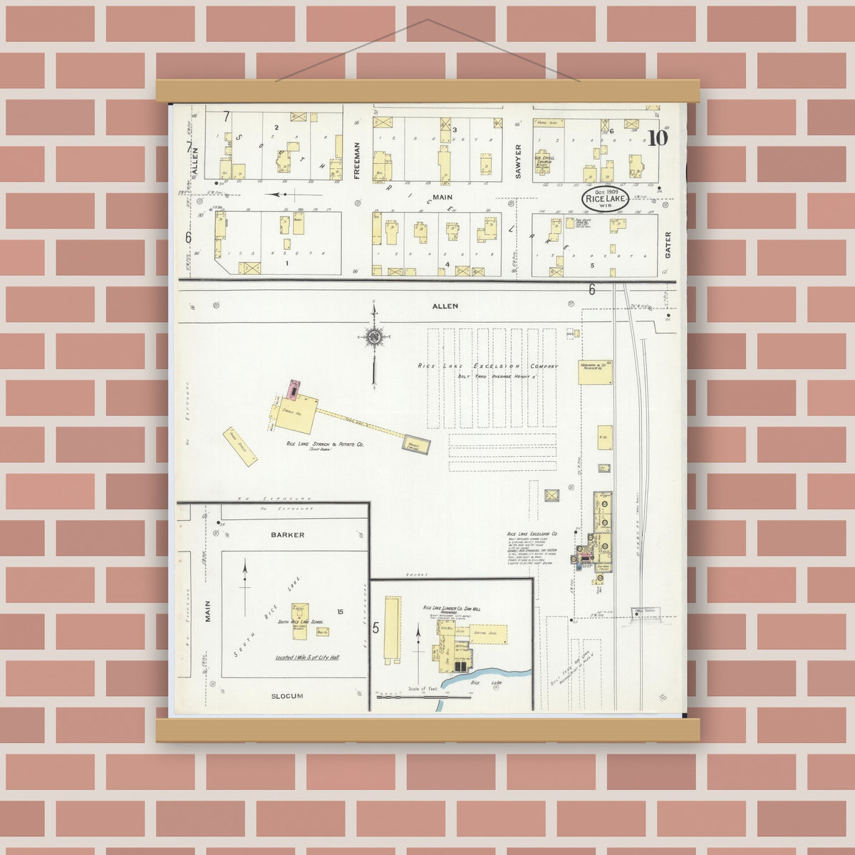 Old map wall art mockup — magnetic wood frame on brick wall — Sanborn Fire Insurance Map from Rice Lake, Barron County, Wisconsin (1909), Sheet #0010