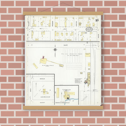 Old map wall art mockup — magnetic wood frame on brick wall — Sanborn Fire Insurance Map from Rice Lake, Barron County, Wisconsin (1909), Sheet #0010