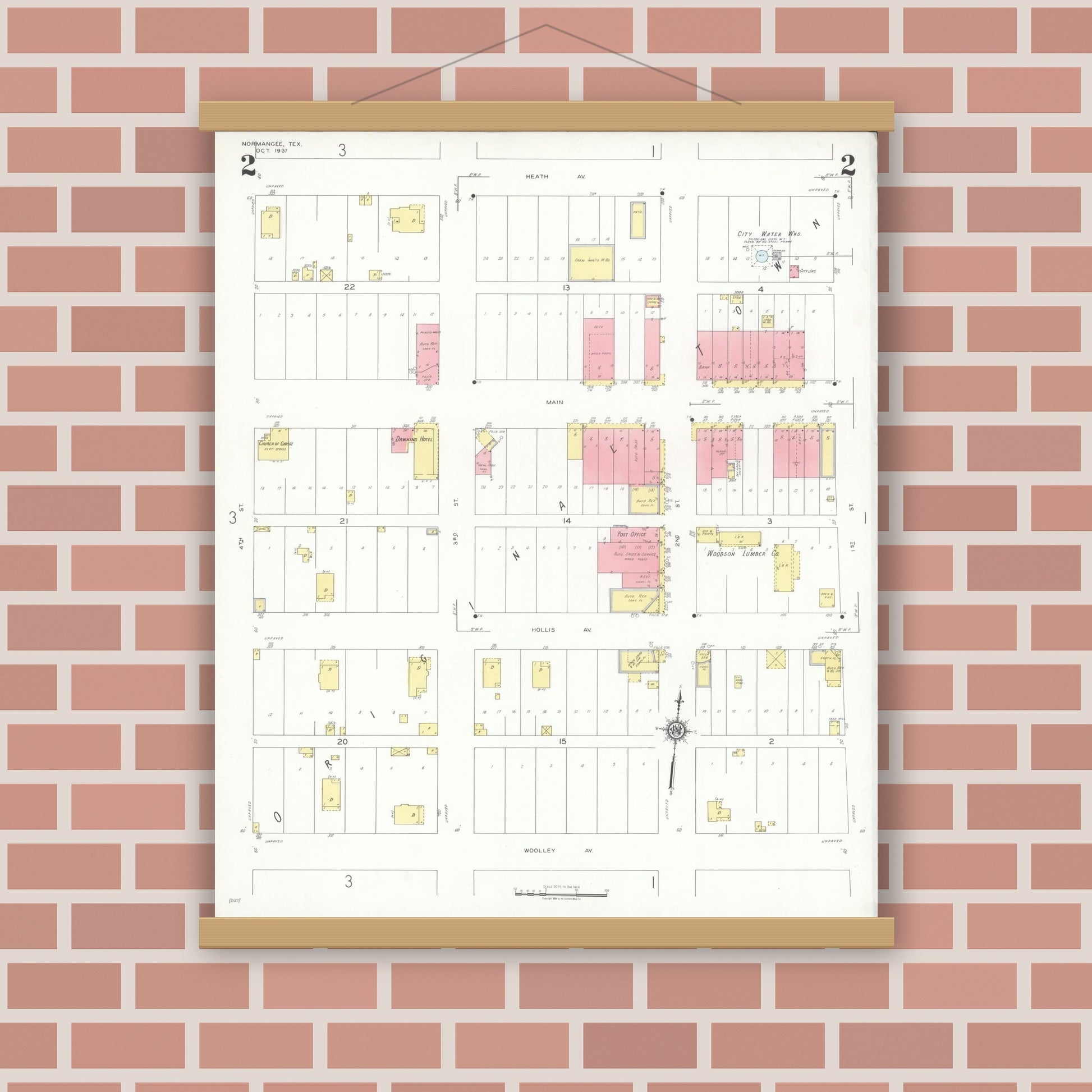 Old map wall art mockup — magnetic wood frame on brick wall — Sanborn Fire Insurance Map from Normangee, Leon County, Texas (1937), Sheet #0002