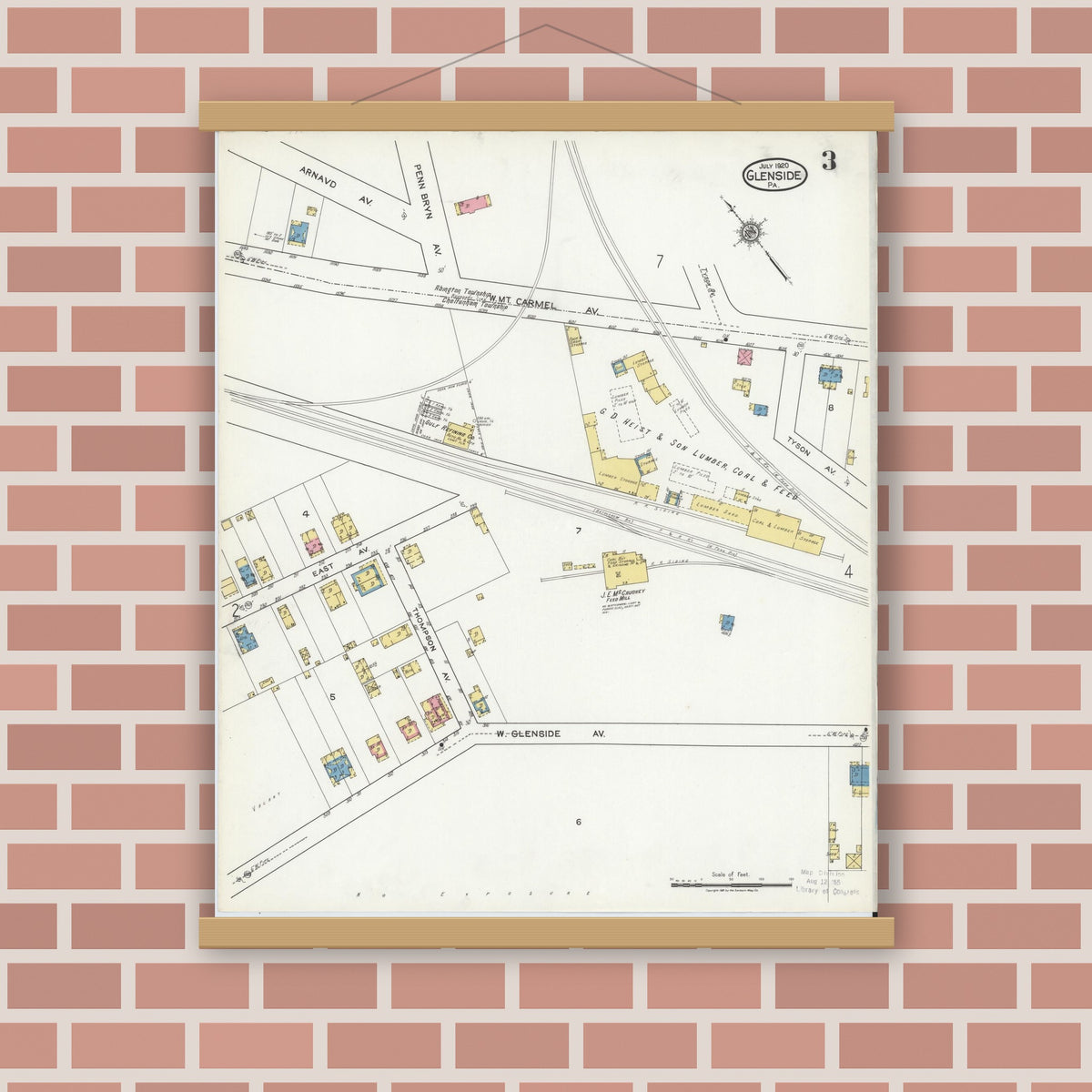 Old map wall art mockup — magnetic wood frame on brick wall — Sanborn Fire Insurance Map from Glenside, Montgomery County, Pennsylvania (1920), Sheet #0003
