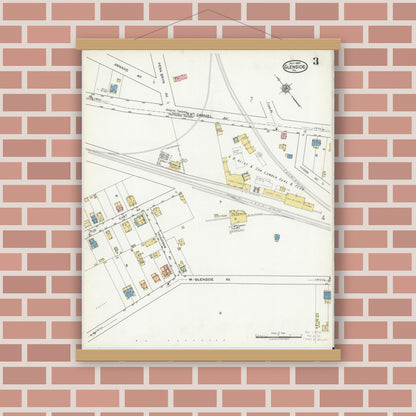 Old map wall art mockup — magnetic wood frame on brick wall — Sanborn Fire Insurance Map from Glenside, Montgomery County, Pennsylvania (1920), Sheet #0003