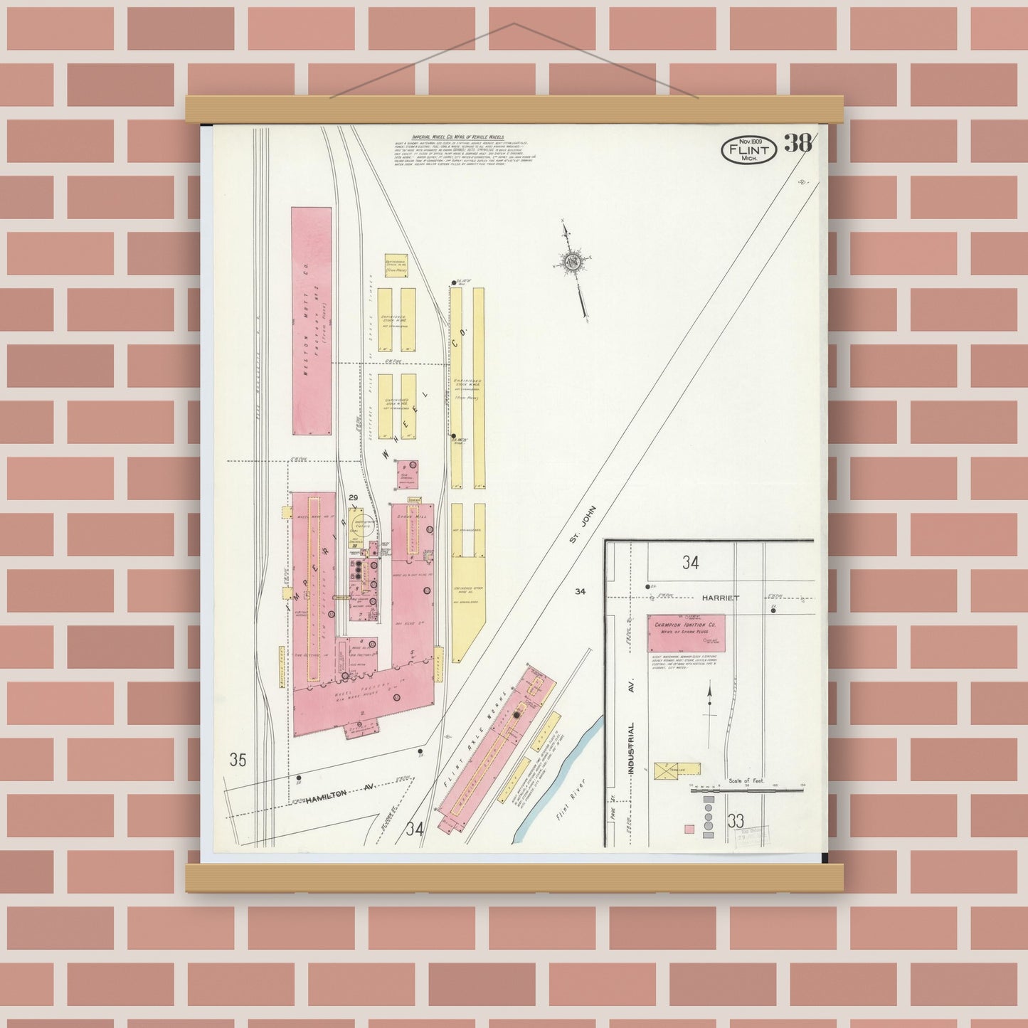 Old map wall art mockup — magnetic wood frame on brick wall — Sanborn Fire Insurance Map from Flint, Genesee County, Michigan (1909), Sheet #0038
